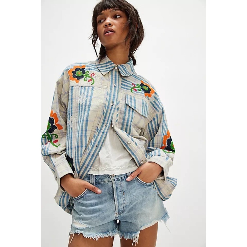 We The Free Free People Sashiko Shacket S Stitch Plaid Boho Hippie Cottagecore